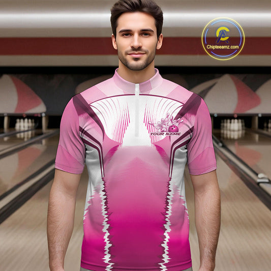 Custom Pink Bowling Team Jerseys, Bowling Uniform Bowling League Quarter-Zip Shirts For Men IPHW9936