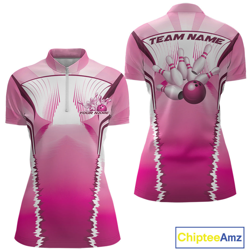 Custom Pink Bowling Team Jerseys, Bowling Uniform Bowling League Women Quarter-Zip Shirts IPHW9936