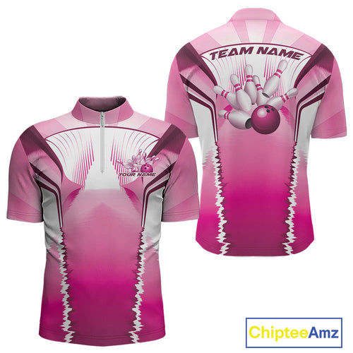Custom Pink Bowling Team Jerseys, Bowling Uniform Bowling League Quarter-Zip Shirts For Men IPHW9936