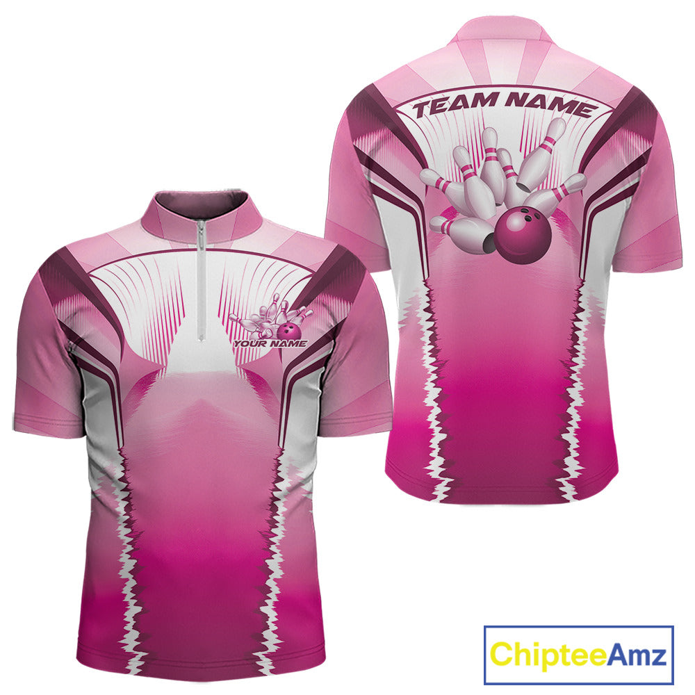 Custom Pink Bowling Team Jerseys, Bowling Uniform Bowling League Quarter-Zip Shirts For Men IPHW9936