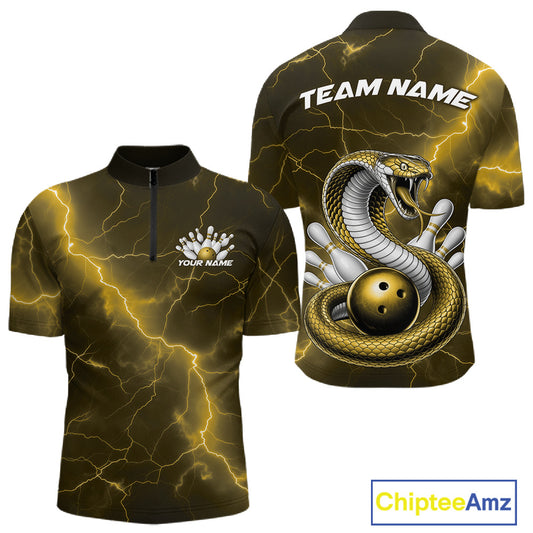 Mens bowling quarter-zip mockup featuring a yellow cobra coiled around a bowling ball with scattered pins.