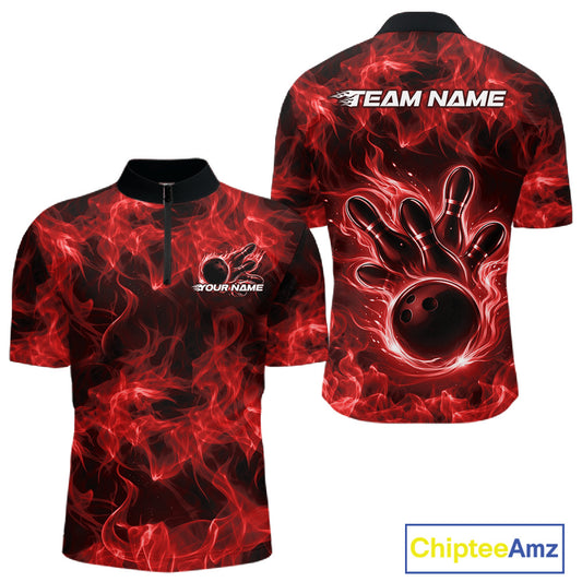 Front and back mens red bowling quarter-zip featuring a bowling ball surrounded by bold flame graphics.