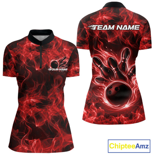 Front and back womens red bowling quarter-zip featuring a bowling ball encircled by bold flame artwork.