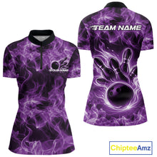 Load image into Gallery viewer, Custom Purple Flame Bowling Women Quarter-Zip Team Shirt, Bowling Tournament Shirt IPHW11084