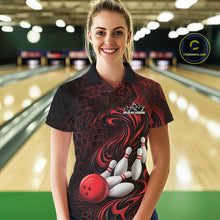 Load image into Gallery viewer, Custom Black And Red Tribal Flame Women Bowling Team Shirt, Polygonal Bowling Jerseys IPHW11382