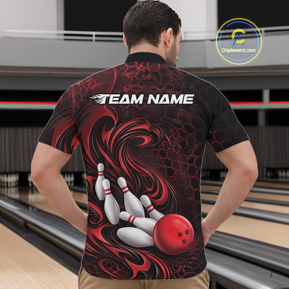 Male model wearing a black and red bowling quarter-zip shirt in a bowling alley featuring a tribal flame bowling ball and pins graphic