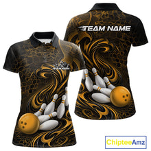 Load image into Gallery viewer, Custom Black And Yellow Tribal Flame Women Bowling Team Shirt, Polygonal Bowling Jerseys IPHW11383