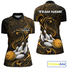 Load image into Gallery viewer, Front and back view of a black and yellow womens bowling quarter-zip shirt featuring a tribal flame bowling ball and pins graphic