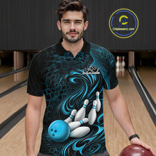 Load image into Gallery viewer, Custom Black And Blue Tribal Flame Men Bowling Team Shirt, Polygonal Bowling Jerseys IPHW11384
