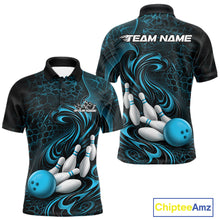 Load image into Gallery viewer, Custom Black And Blue Tribal Flame Men Bowling Team Shirt, Polygonal Bowling Jerseys IPHW11384