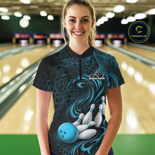 Load image into Gallery viewer, Custom Black And Blue Tribal Flame Women Bowling Team Shirt, Polygonal Bowling Jerseys IPHW11384