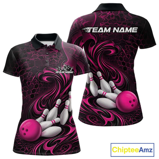 Front and back view of a black and pink womens bowling polo shirt featuring a tribal flame bowling ball and pins graphic