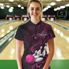 Load image into Gallery viewer, Custom Black And Pink Tribal Flame Women Bowling Team Shirt, Polygonal Bowling Jerseys IPHW11385