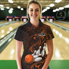 Load image into Gallery viewer, Custom Black And Orange Tribal Flame Women Bowling Team Shirt, Polygonal Bowling Jerseys IPHW11386