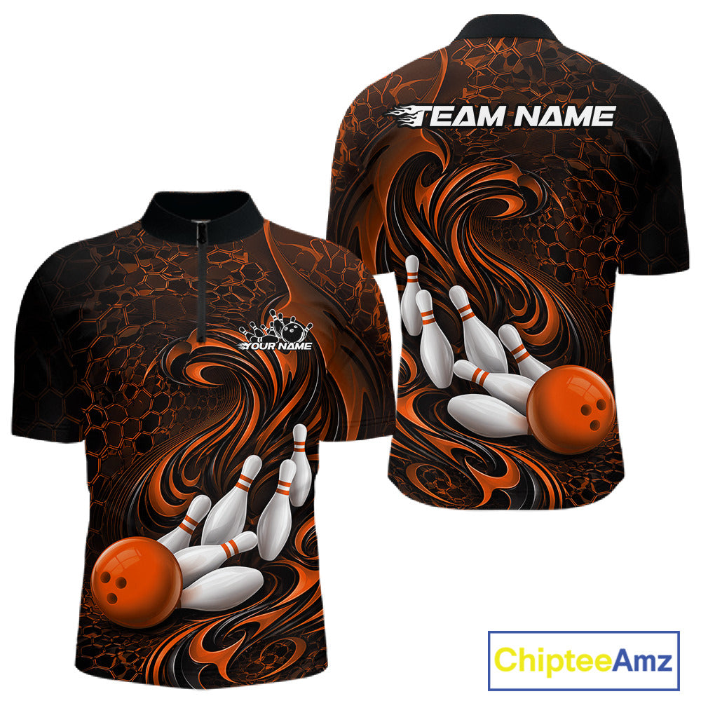 Front and back view of a black and orange mens bowling quarter-zip shirt featuring a tribal flame bowling ball and pins graphic