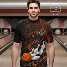 Load image into Gallery viewer, Custom Black And Orange Tribal Flame Men Bowling Team Shirt, Polygonal Bowling Jerseys IPHW11386