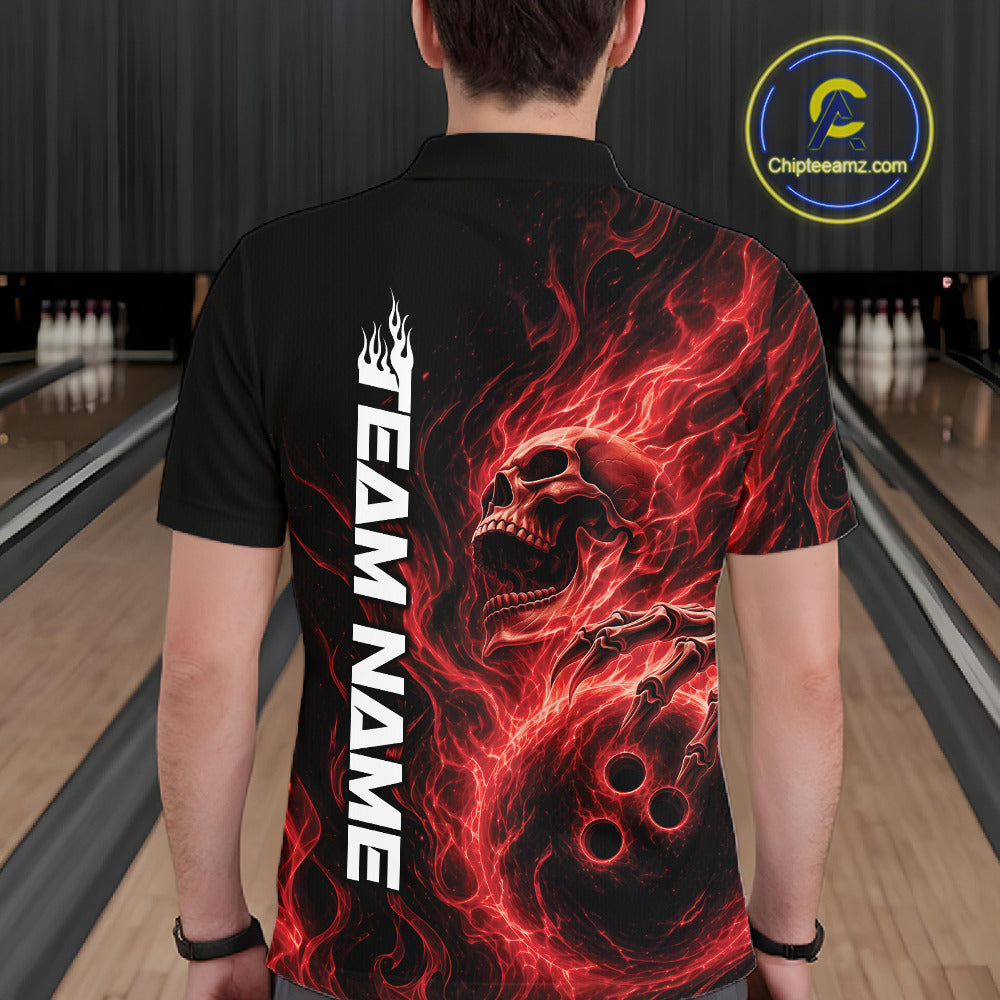 Back view of a male model wearing a black bowling polo shirt in a bowling alley featuring a skull clutching a bowling ball with swirling red energy flames