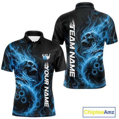 Front and back view of a black mens bowling polo shirt featuring a skull clutching a bowling ball surrounded by swirling blue energy flames