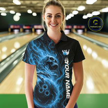 Load image into Gallery viewer, Custom Blue Flame Skull Bowling Women Polo Shirts, Gothic Halloween Team Bowling Outfit IPHW11388