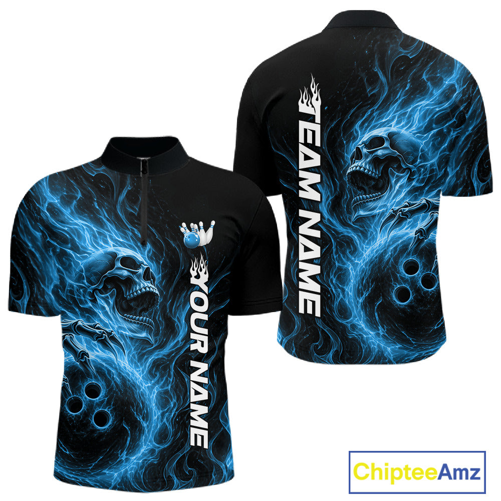 Front and back view of a black mens bowling quarter-zip shirt featuring a skull clutching a bowling ball with swirling blue energy flames