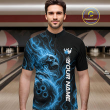 Load image into Gallery viewer, Custom Blue Flame Skull Bowling Men Quarter-Zip Shirts, Gothic Halloween Team Bowling Outfit IPHW11388
