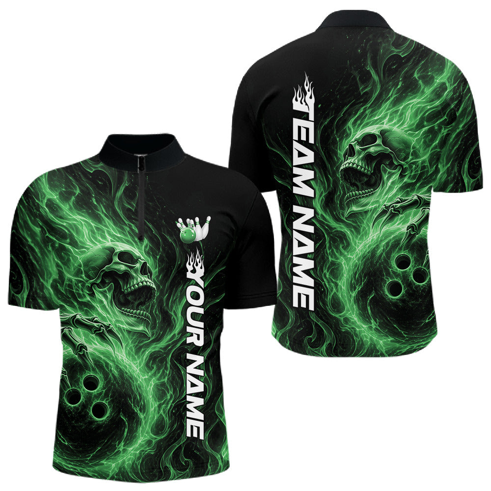 Front and back view of a black mens bowling quarter-zip shirt featuring a skull clutching a bowling ball engulfed in swirling green energy flames