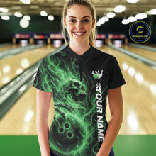 Load image into Gallery viewer, Custom Green Flame Skull Bowling Women Quarter-Zip Shirt, Halloween Team Bowling Outfit IPHW11389