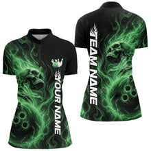 Load image into Gallery viewer, Custom Green Flame Skull Bowling Women Quarter-Zip Shirt, Halloween Team Bowling Outfit IPHW11389