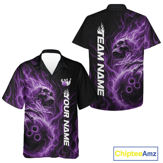 Front and back view of a black button-up bowling shirt featuring a skull clutching a bowling ball engulfed in swirling purple energy flames