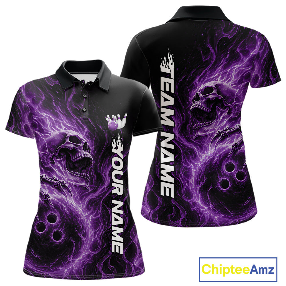 Front and back view of a women's bowling polo shirt mockup featuring a purple flaming skull gripping a bowling ball with swirling energy effects on a black shirt