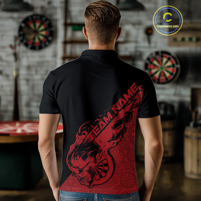 Custom Red Flame Skull Dartboard Dart Men Polo Shirt, Halloween Dart Team Outfit IPHW9942
