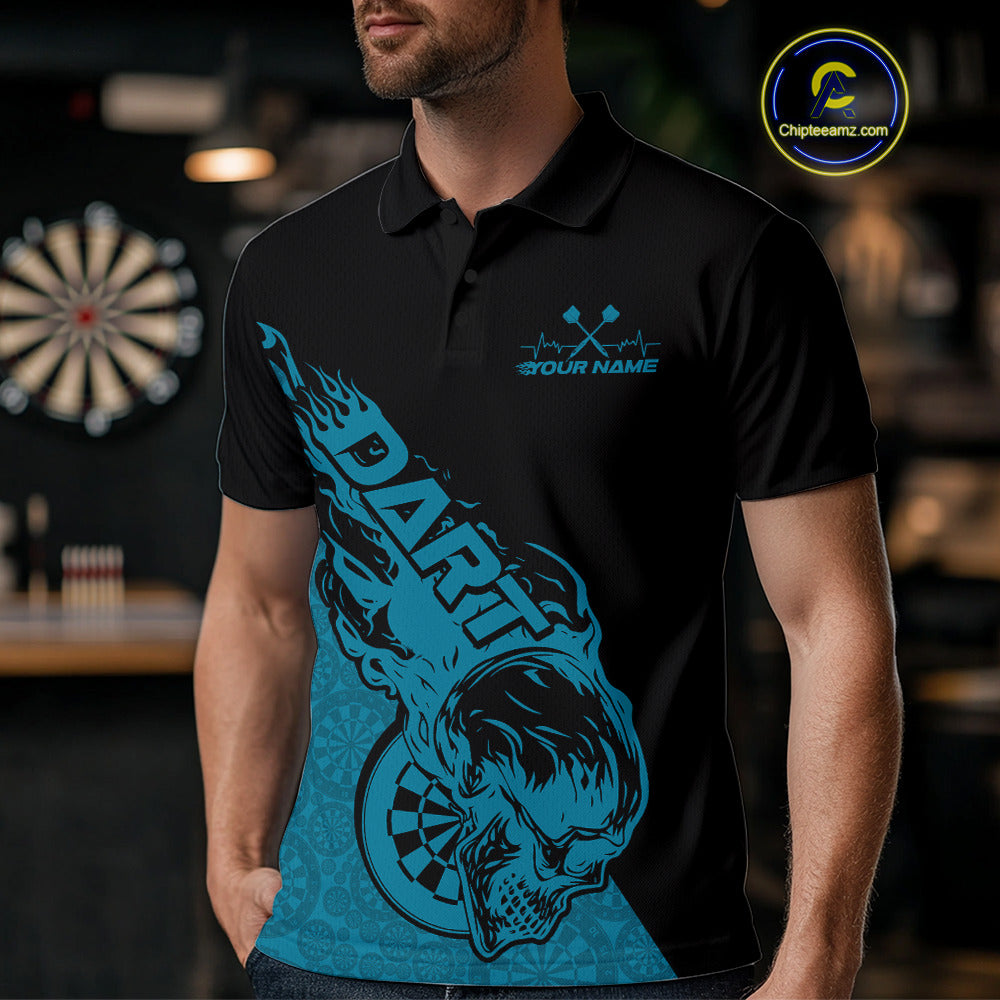 Custom Blue Flame Skull Dartboard Dart Men Polo Shirt, Halloween Dart Team Outfit IPHW9944