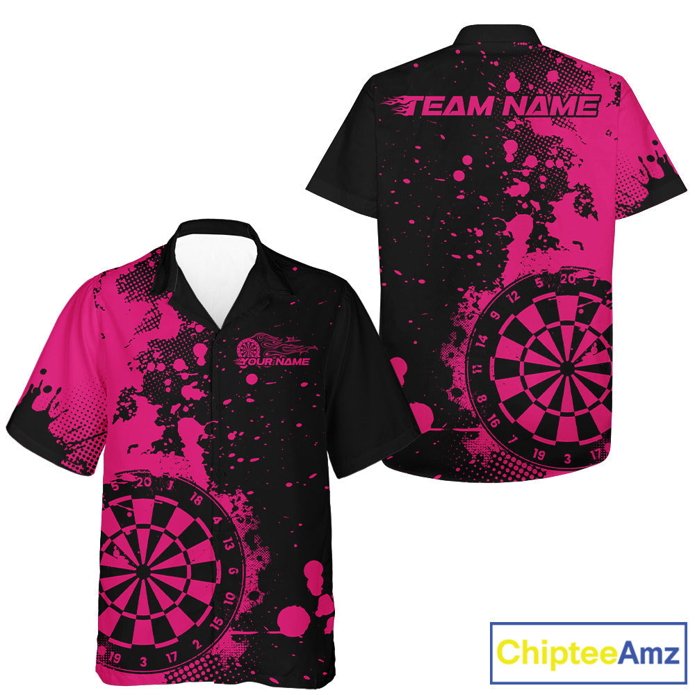 Custom Black And Pink Splatter Dartboard Dart Hawaiian Shirt For Men And Women, Grunge Dart Team Jerseys IPHW9957