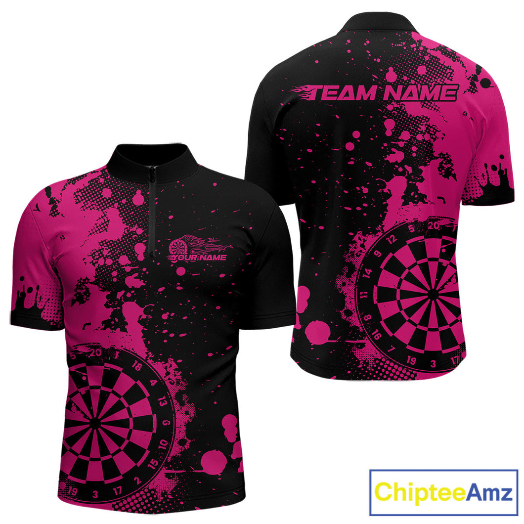 Custom Black And Pink Splatter Dartboard Dart Quarter-Zip Shirt For Men, Grunge Dart Team Jerseys IPHW9957