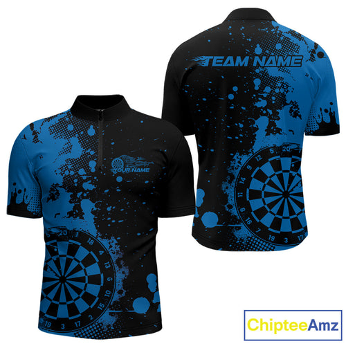Custom Black And Blue Splatter Dartboard Dart Quarter-Zip Shirt For Men, Grunge Dart Team Jerseys IPHW9958