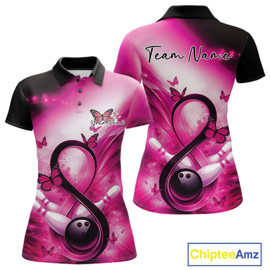 Front and back views of a womens bowling polo showcasing a pink awareness ribbon around a bowling ball with butterfly accents.