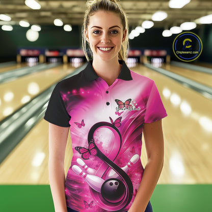 Female model wearing a bowling polo at a bowling center featuring awareness-themed bowling artwork and butterflies.