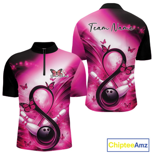 Front and back views of a mens bowling quarter-zip featuring awareness-themed bowling artwork with butterflies and pins.