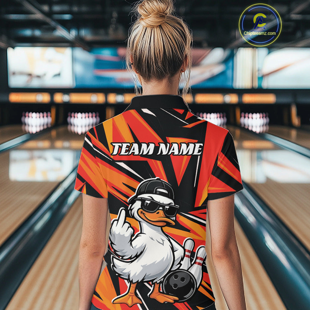 Back view of a black and orange womens bowling quarter-zip displaying duck graphics with bowling-inspired details.