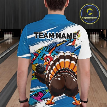 Back view of a male model wearing a blue custom bowling polo shirt featuring a funny graffiti style turkey holding a bowling ball, paint splatter details, and a custom name in a bowling alley.
