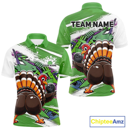 Front and back views of a green custom men's bowling polo shirt featuring an urban street style graffiti turkey holding a bowling ball.