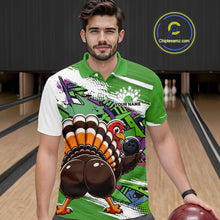 Load image into Gallery viewer, Front view of a male model wearing a green custom bowling polo shirt featuring a funny graffiti style turkey holding a bowling ball, paint splatter details, and a custom name in a bowling alley.