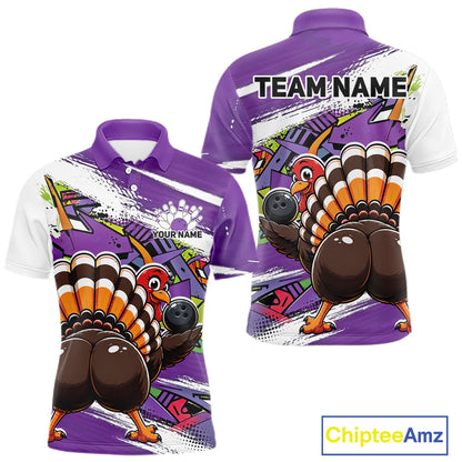 Front and back views of a purple custom men's bowling polo shirt featuring an urban street style graffiti turkey holding a bowling ball.