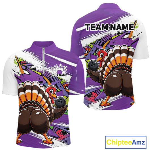Front and back views of a purple custom quarter zip bowling shirt featuring a funny graffiti turkey holding a bowling ball, paint splatter accents, and a personalized name.