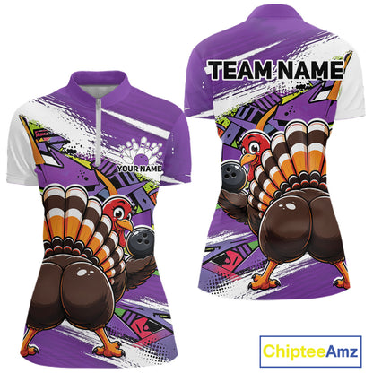 Front and back views of a purple custom women's quarter zip bowling shirt featuring a funny graffiti turkey holding a bowling ball, paint splatter accents, and a personalized name.