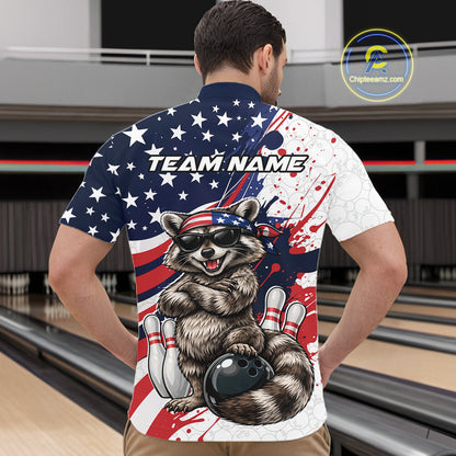 Front view male model in bowling lane wearing quarter-zip shirt with raccoon patriotic bandana bowling design