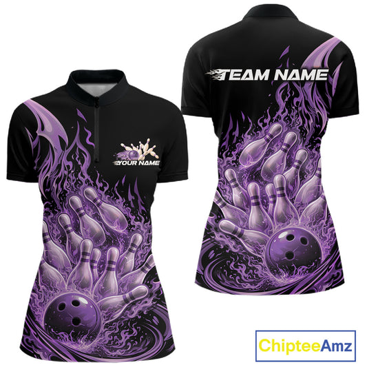 Front and back view of a women’s bowling quarter zip shirt featuring a flaming bowling ball crashing into pins with blazing fire effects.