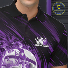 Load image into Gallery viewer, Black and purple bowling shirt with a logo and text on a dark background