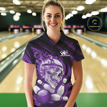 Load image into Gallery viewer, Custom Black And Red Flame Skull Bowling Polo Shirt For Women, Halloween Bowling Outfit IPHW11395