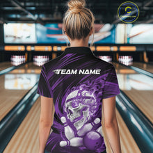 Load image into Gallery viewer, Custom Black And Red Flame Skull Bowling Polo Shirt For Women, Halloween Bowling Outfit IPHW11395